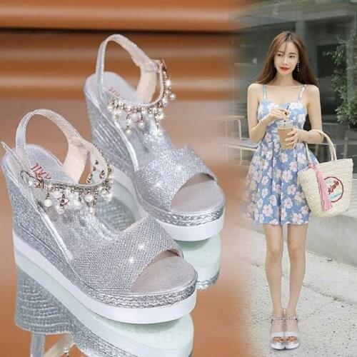 34-40 Size Summer Women Shoe 9cm Heel Height Open Toe Women Sandals Fashion Wedges Pearl Bling Sandals Peep-toe Easy Match Shoe