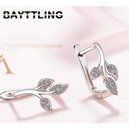 BAYTTLING 925 Sterling Silver 16MM Luxury Leaf Zircon Earrings For Woman Fashion Party Jewelry Earrings Gift
