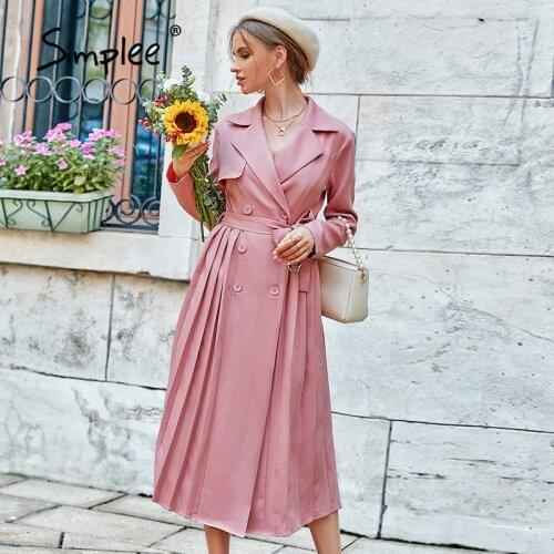 Simplee Office lady v-neck button pleated women trench pink Elegant loose notched long sleeves long coat Female solid sash coats