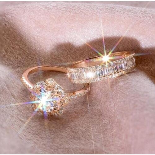 Sparkling Luxury Jewelry 925 Silver&Rose Gold Fill Couple Rings 5A Cubic Zirconia Party Eternity Women Wedding Bridal Ring Set