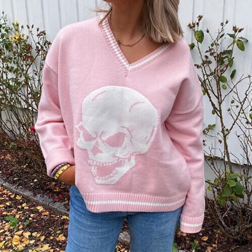 Autumn Oversize Skulls V-Neck Womens Sweaters Pink Long Sleeve Loose Female Pullovers 2021 Winter Fashion Casual Ladies Sweater