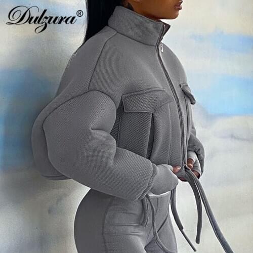 Dulzura Fishnet Patchwork Women Coats Short Jacket Lace Up Zipper Pocket Loose Oversized 2020 Autumn Winter Warm Outerwear