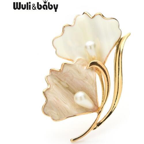 Wuli&baby Enamel White Leaves Brooches Women Men Pearl Flower Party Office Casual Brooch Pins Gifts