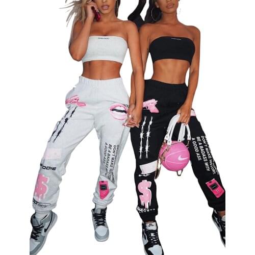 Ladies Fashion Personalized Ankle Banded Long Pants Girls Autumn Leisure Style Creative Lip/Letter/Dragon Printing Long Trousers