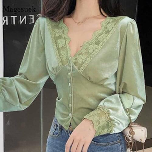 Woman Shirts V-neck Women Blouse Solid Long Sleeve Korean Tops Splicing Lace Vintage Office Lady Clothes Slim New Fashion 10563