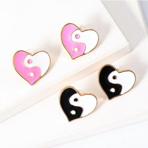 Minar Simple 2 Styles Enamel Love Heart Dangle Earrings for Women Ladies Black White Pink Color Tai Chi Pendant Earrings Jewelry
