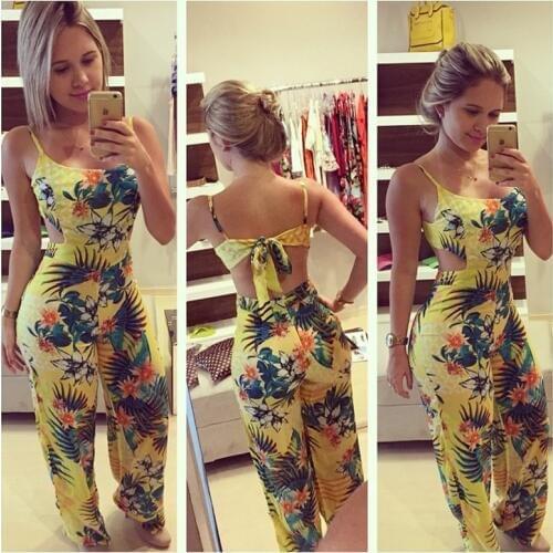 Sexy Women Boho Floral Printing Jumpsuit Bodycon Bodysuit Backless Strappy Lace Up Rompers Hot Sale Ladies Clubwear Playsuit