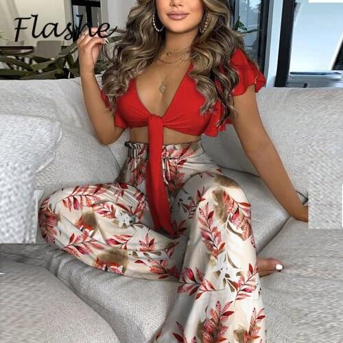 Women Summer Sexy 2 Pieces Outfits Flower Printed Short Sleeve Crop Top and High Waist Long Pants Suit Elegant Streetwear