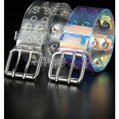 1PC Transparent Two Row PVC Belt Women Fashion Laser Invisible Square Pin Buckle Multihole Dazzling Belts For Ladies Waistband