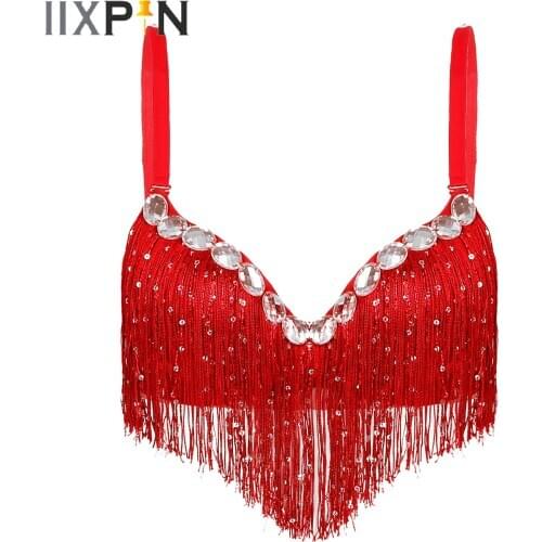 Womens Belly Dance Push-Up Bra Latin Sequin Tassel Rhinestone Underwired Push-up Brassiere Tops Party Club Performance Costume