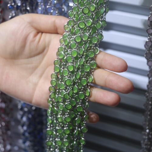 1M Copper Wholesale Gem stone Chain Faceted Green Crystal Quartz Glass Wrapped Plated Brass Links Flat Round Beads Findings