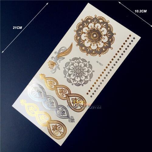 1PC Popular Gold Silver Flash Metallic Tattoo Men Women Henna HGMT17 Indian Chain Sun Flower Waterproof Temporary Tattoo Sticker