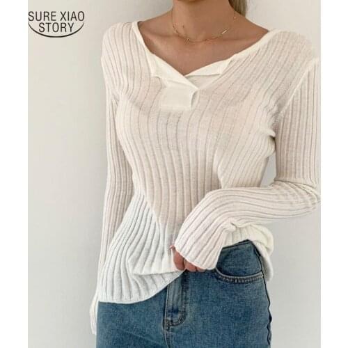 2021 Casual Slim Base Knitted Striped White Pullover Autumn Korean Chic Half-open-neck Sweater Elegant All-match Solid Top 16544