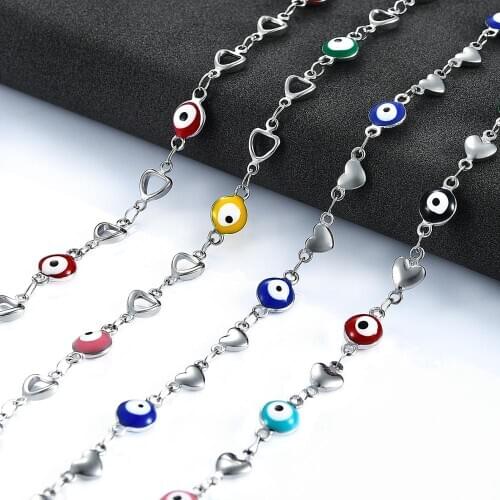 6mm Stainless Steel Chain Colorful Beads Heat Shape Charm Necklace Women Evil Eye Chain Necklace Available Bracelets