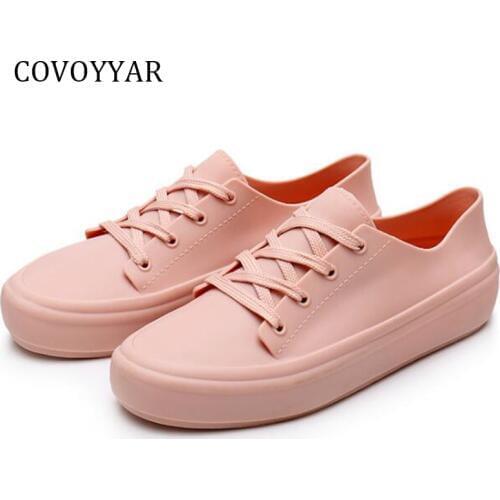 COVOYYAR 2019 Waterproof Women Sneakers White Jelly Shoes Plastic Casual Shoes Platform Lace Up PVC Women Flats WSN719