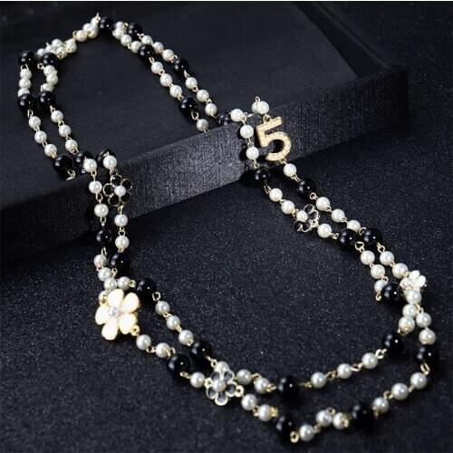 Long pendants layered Camellia pearl necklace collares de moda letter Number 5 flower party jewelry