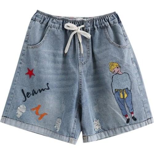 2020 New Plum-Size Denim Shorts For Children Retro Ripped EmbroiDered Casual Wide-Leg Trousers For Women With High Waist
