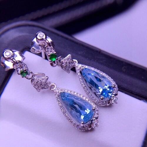 E320 Fine Jewelry Pure 18K White Gold Natural Aquamarine Gemstone 2.1ct Diamonds Females Earrings for Women FIne Earrings