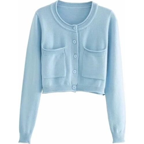 Evfer Women Autumn Blue Casual Knitted Cardigans Sweater 2020 Chic Lady Single Breasted Long Sleeve Pockets Short Sweaters