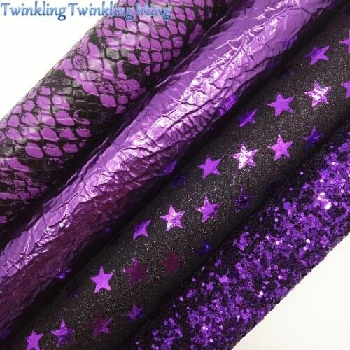 PURPLE Glitter Fabric, Glitter Leather with Stars, Snake Faux Fabric Sheets For Bow A4 21x29CM Twinkling Ming XM015H