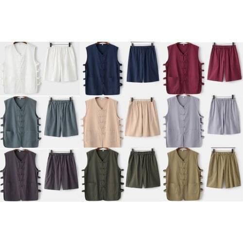 Summer men cotton&linen tang suit wing chun lay zen clothing shaolin monk kung fu uniforms sweater vest shorts outfit blue/green