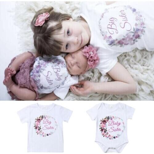 Summer Sister Installed Baby Kids Girl Little Big Sister Match Clothes Print Cotton Short Sleeve Jumpsuit Romper Outfits T-Shirt