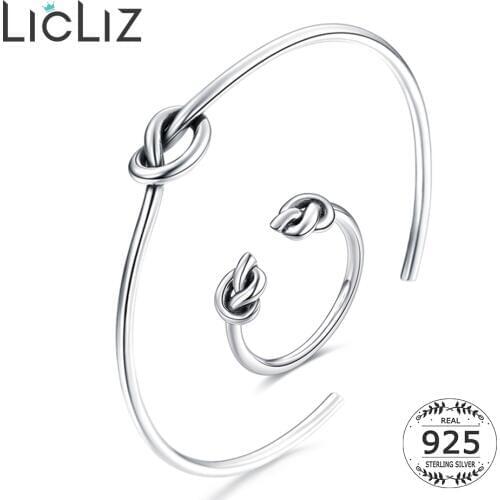 LicLiz 925 Sterling Silver Jewelry Set Bracelet and Rings Set for Women Knot Bangle Ring Open Jewelry Punk Set Vintage LS0003