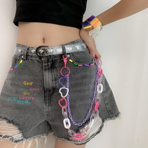 Trendy Street Women Punk Pants Chain Hip Hop Trousers Acrylic Colorful Heart Big Ring Pants Chain Keychain Men Clothing Jewelry