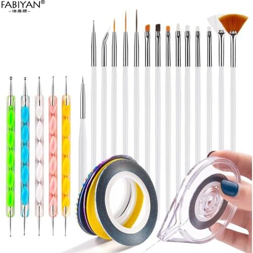 Nail Art Set 15 Brush + 5 Dotting Pen + 5 Rolls Tape Striping Line + 1 Case Holder Decoration Manicure DIY Kits Tools