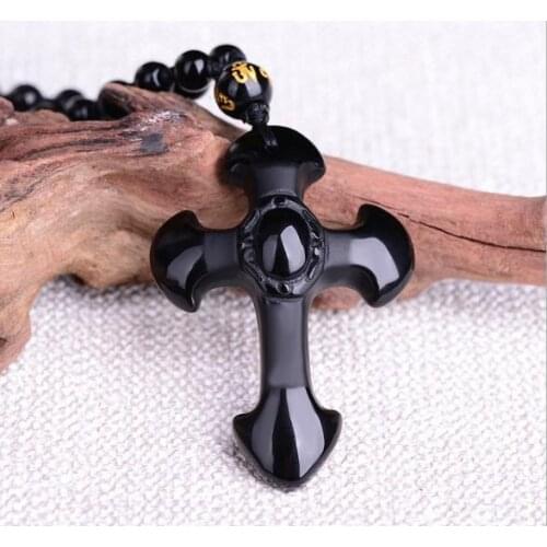 Natural Obsidian Scrub Christian Bible Biblical Cross Crystal Pendant for Men and Women o36