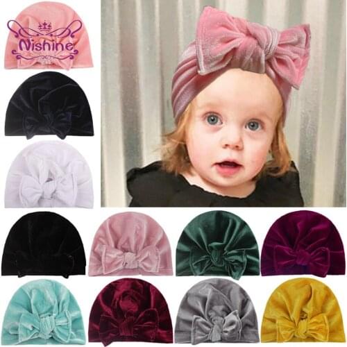 Nishine Soft Golden Velvet Big Bowknot Baby Girl Hat Infant Solid Color Bow Turban Beanie Cap Newborn Headwear Birthday Gift