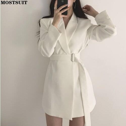 Autumn Elegant Chic Women Blazer Suit Full Sleeve Sashes Belted Long Jacket Workwear Solid Loose Vintage Ladies Suit Coat 2021