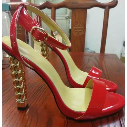 Real Pics Summer Golden Metal Heels Sandals Women Braid Chains Heels Patent Leather Open Toe Ladies One Strap High Heels Shoes