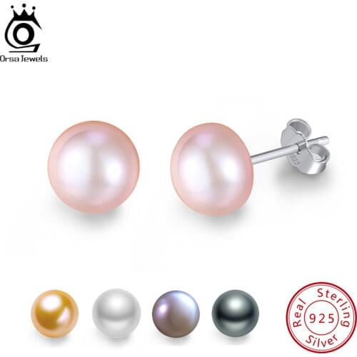 ORSA JEWELS Genuine Fresh Water Pearl Stud Earrings Women 8 MM White Pink Pearls 925 Sterling Silver Female Party Jewelry RSE86