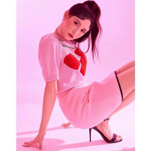 Sweet Cherry Patterns Puffy Elbow Sleeve Cotton Crop Jumper Cute Baby Pink Crewneck Plant Fruit Jacquard Ribbed Knitwear Sweater