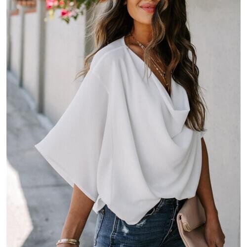 Women Fashion Solid Color Half Sleeve V Neck Draped Front Shirt Blouse T-shirt