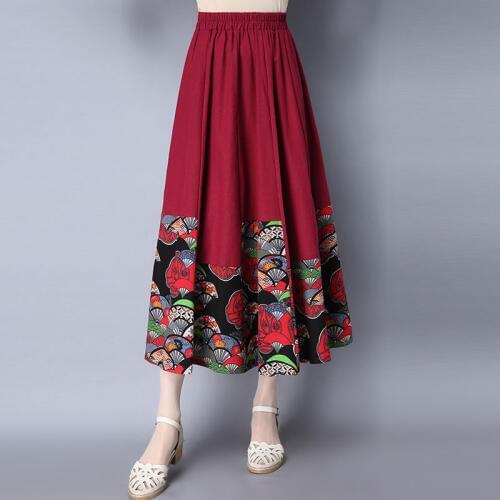 Pleated Skirt Long Skirts For Women High waist Vintage High quality Cotton Linen Patchwork Solid color Black Blue Green