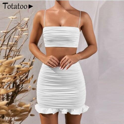 Totatoop Women Summer 2 Piece Set Bodycon Dress 2020 Spaghetti Strap Crop Top And Mini Skirts Ruffles Ruched Sexy Party Dresses