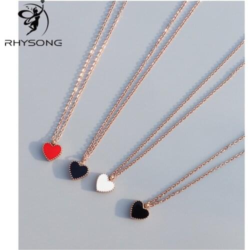 RHYSONG Red Black Heart Necklace For Women Double Side Pendant On Neck Stainless Steel Rose Gold Chain Fashion Jewelry Cute Gift