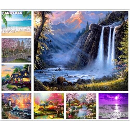 Full Drill Landscape Mosaic Round Diamond Painting Falls Diamond Embroidery Cross Stitch Kit Diamond Art Rhinestones Home Decor