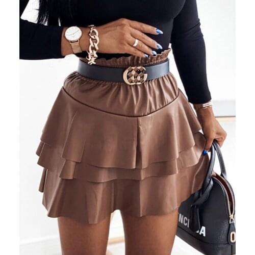 England Style Women High Waist Ruffles Skirts Solid Color Layered Fall Winter Leather Skirt A-Line Lady Tutu Mini Skirts
