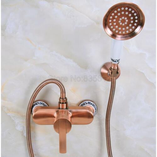 Antique Red Copper Wall Mounted Bathroom Bathtub Faucet Mixer Tap w/Hand Shower tna288