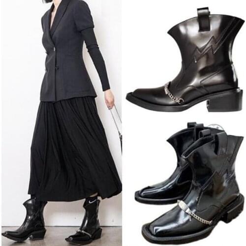 British Retro Black Genuine Leather Square Toe Chains Chelsea Short Boots Woman 45 MM Low Heels Slip On Street Punk Style Boots