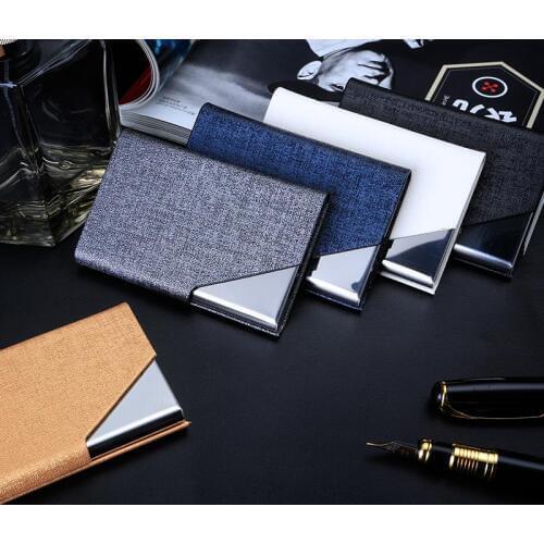 DEZHI-Portable PU Leather Creative Moving Business Card Box with Metal&Magnetic Name Card Holder, Office Badge Holder Supplies