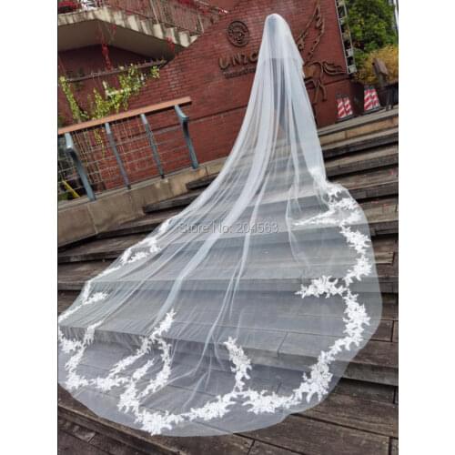 Two-Layer White or Ivory Long Lace Wedding Veil Cathedral Bridal Veil with Appliques