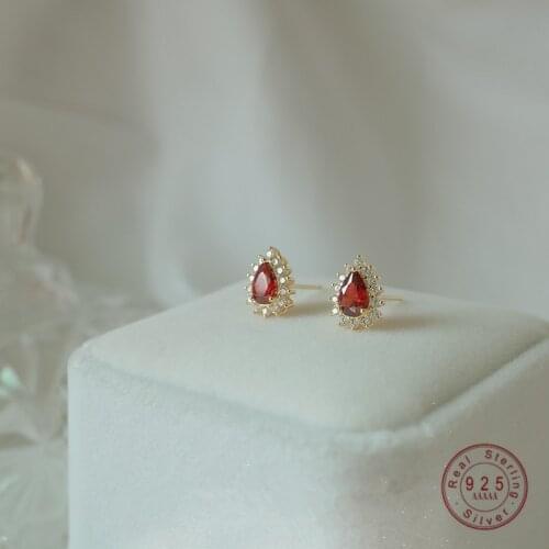 HI MAN 925 Sterling Silver Plated 14K Gold French Temperament Inlaid With Red Zircon Earrings Women Wedding Jewelry