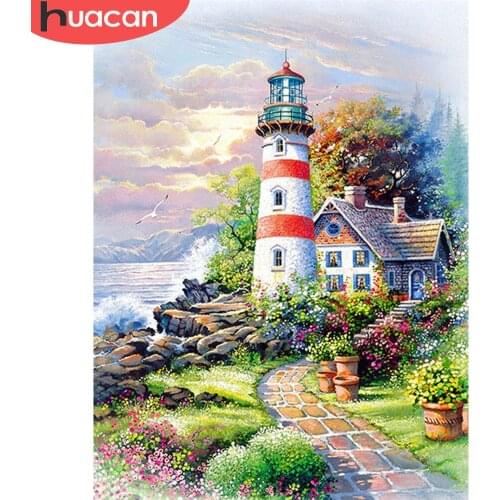 HUACAN DIY Diamond Painting Landscape Rhinestone Of Picture Summer Full Square Diamond Embroidery Cross Stitch Lighthouse Decor