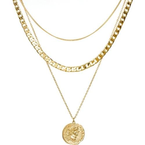 Jaeeyin 2020 Fashion Vintage Pendant Multi Layer Choker Necklace Cuban Stainless Steel Gold Color Necklace New Arrivals Jewelry