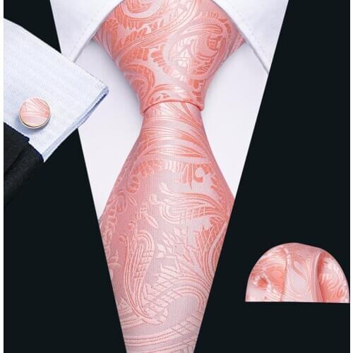 Coral Pink Silk Necktie Jacquard Woven Floral Ties For Men Tie Handkerchief cufflink set Barry.Wang Fashion Designer FA-5277