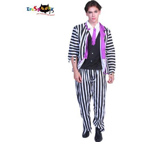 Plus size Mens Deluxe Beetlejuice Costumes Movie Scary Halloween Costume for Adult Striped Suit Horror Prisoner Carnival Outfit